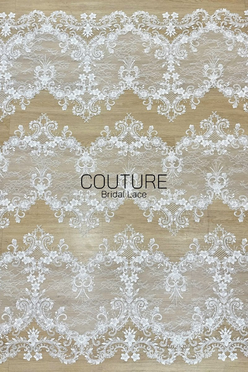 Beadings Lace: Ivory Ornate Floral Scrollwork with Scalloped Beaded Floral Edge Border, 3 Meters