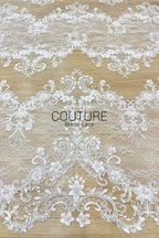 Beadings Lace: Ivory Ornate Floral Scrollwork with Scalloped Beaded Floral Edge Border, 3 Meters