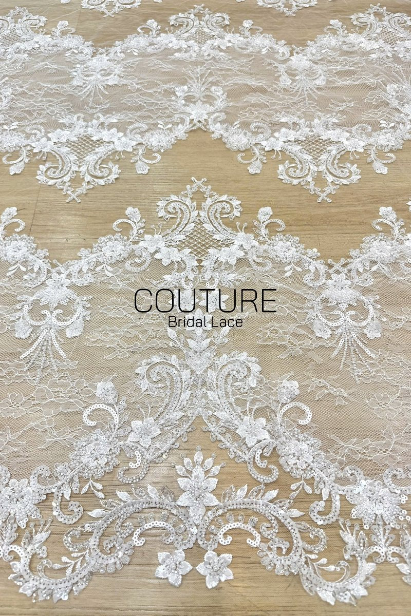 Beadings Lace: Ivory Ornate Floral Scrollwork with Scalloped Beaded Floral Edge Border, 3 Meters