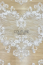 Beadings Lace: Ivory Ornate Floral Scrollwork with Scalloped Beaded Floral Edge Border, 3 Meters