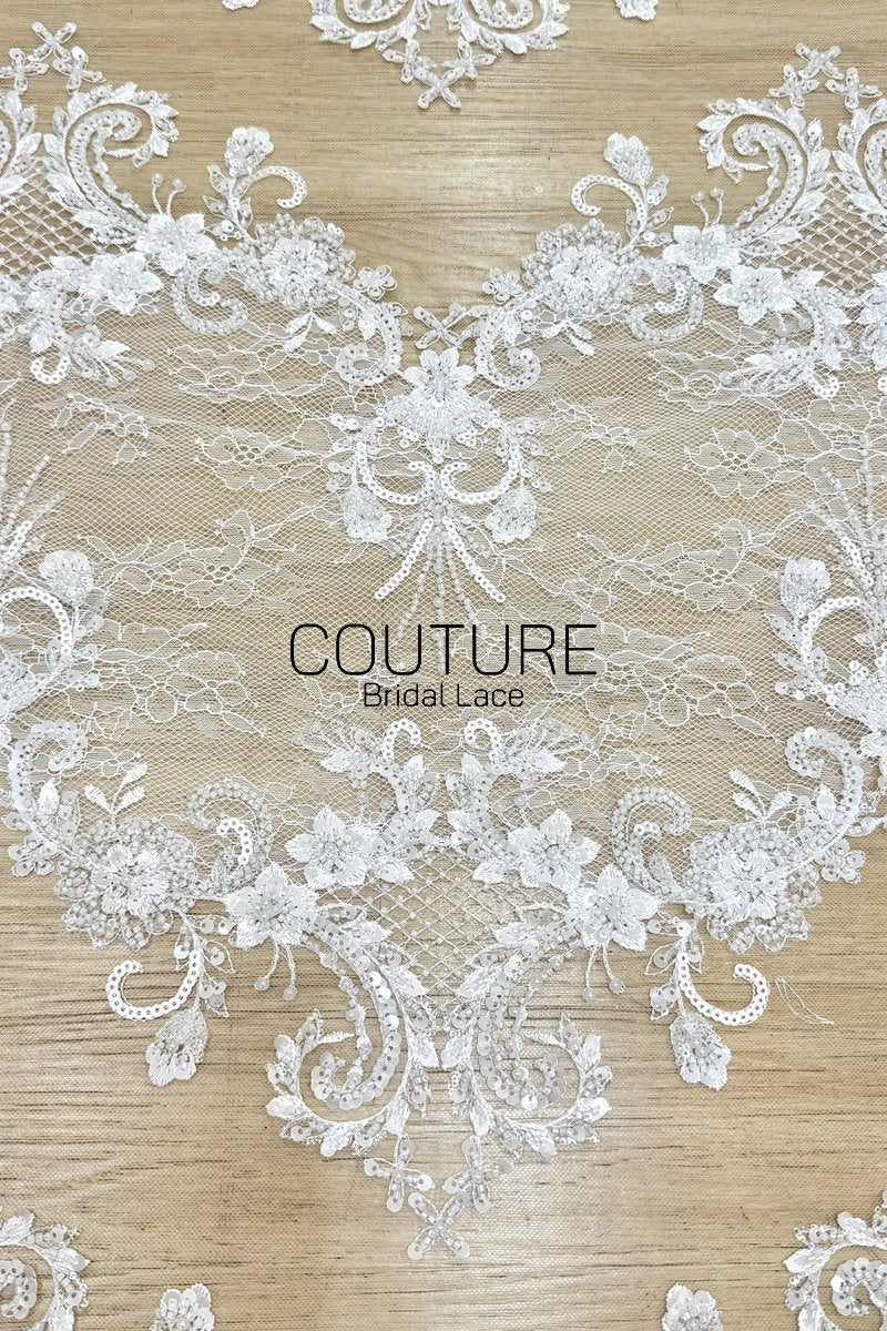 Beadings Lace: Ivory Ornate Floral Scrollwork with Scalloped Beaded Floral Edge Border, 3 Meters