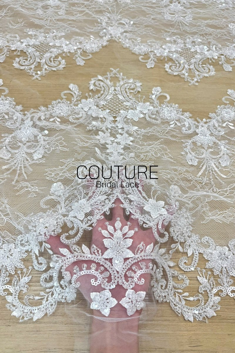 Beadings Lace: Ivory Ornate Floral Scrollwork with Scalloped Beaded Floral Edge Border, 3 Meters