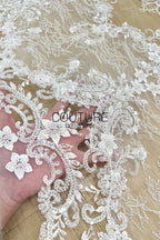 Beadings Lace: Ivory Ornate Floral Scrollwork with Scalloped Beaded Floral Edge Border, 3 Meters