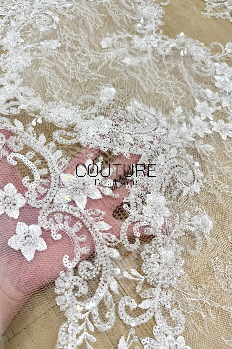 Beadings Lace: Ivory Ornate Floral Scrollwork with Scalloped Beaded Floral Edge Border, 3 Meters