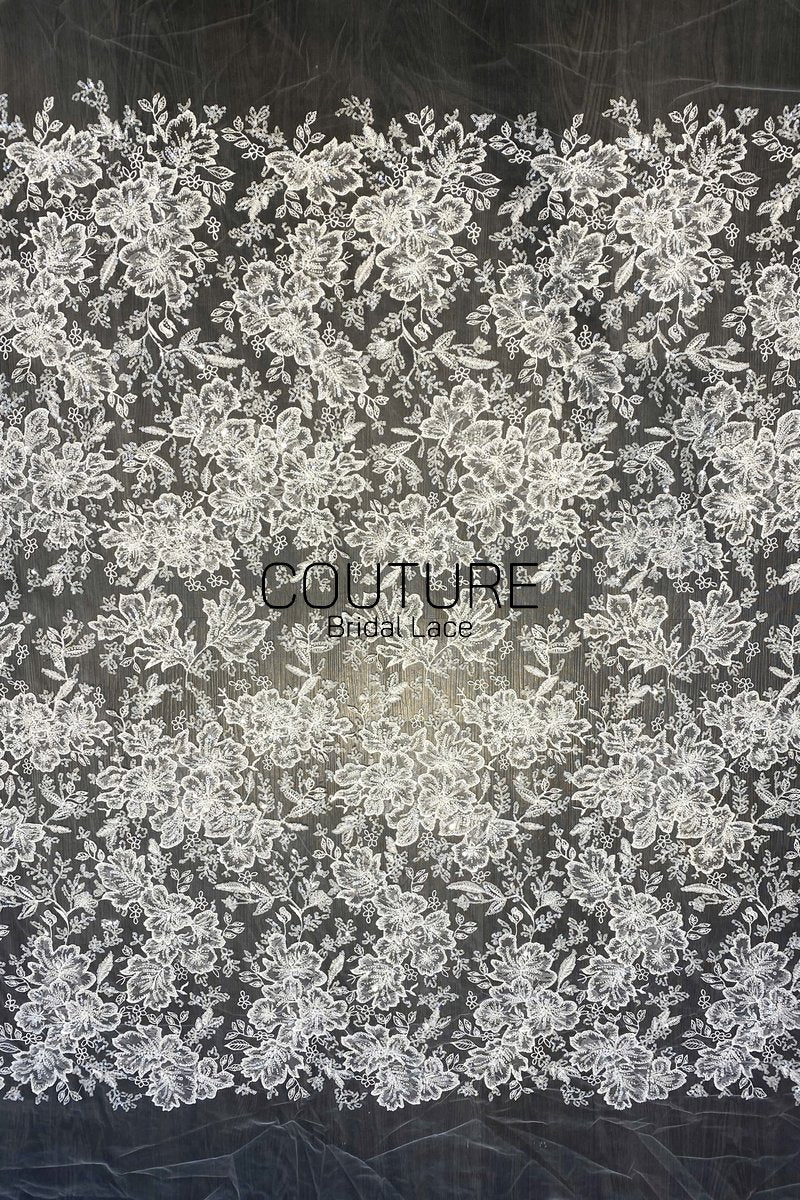 Beadings Lace: Ivory Ornate Floral Scrollwork with Scalloped Beaded Floral Edge Detail, 3 Meters