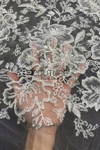 Beadings Lace: Ivory Ornate Floral Scrollwork with Scalloped Beaded Floral Edge Detail, 3 Meters