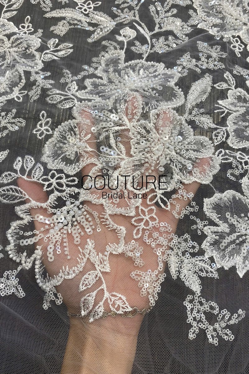 Beadings Lace: Ivory Ornate Floral Scrollwork with Scalloped Beaded Floral Edge Detail, 3 Meters
