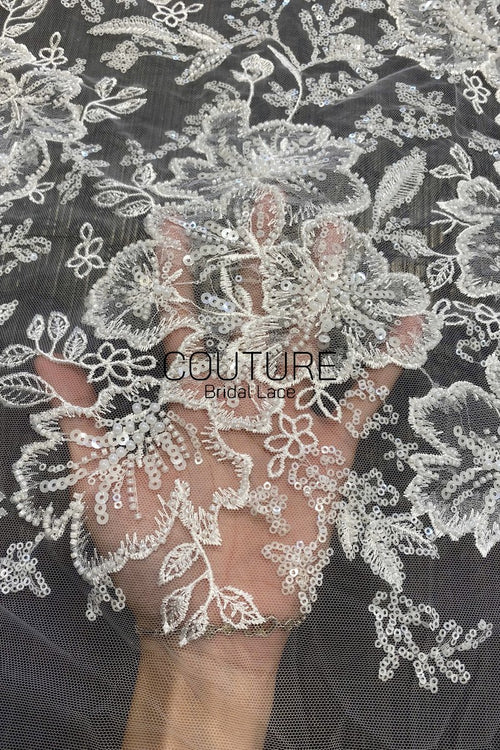 Beadings Lace: Ivory Ornate Floral Scrollwork with Scalloped Beaded Floral Edge Detail, 3 Meters