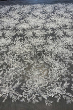 Beadings Lace: Ivory Ornate Floral Scrollwork with Scalloped Beaded Floral Edge Detail, 3 Meters