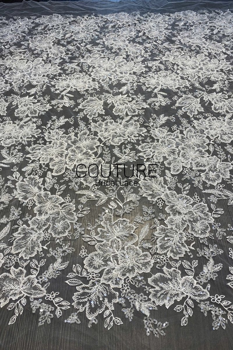 Beadings Lace: Ivory Ornate Floral Scrollwork with Scalloped Beaded Floral Edge Detail, 3 Meters