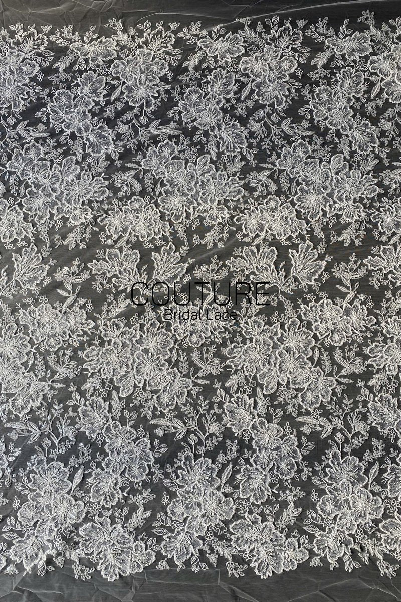 Beadings Lace: Ivory Ornate Floral Scrollwork with Scalloped Beaded Floral Edge Detail, 3 Meters