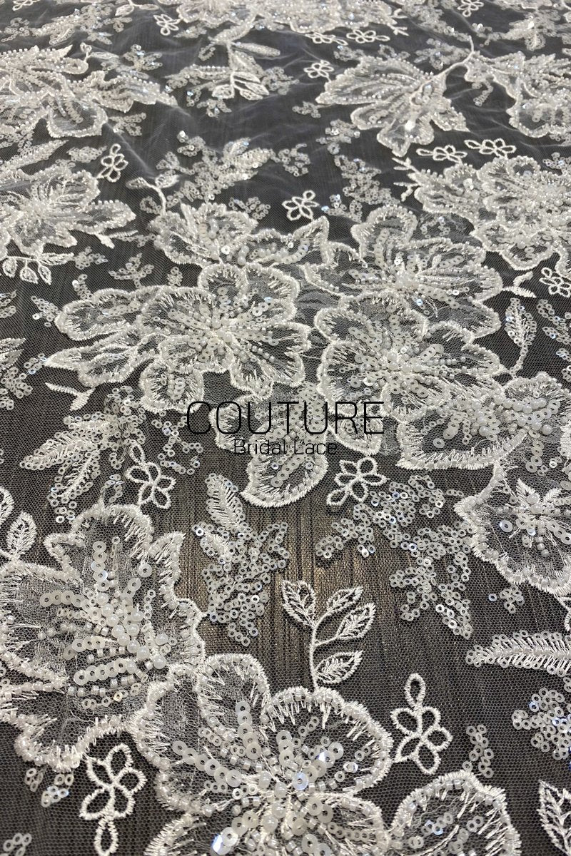 Beadings Lace: Ivory Ornate Floral Scrollwork with Scalloped Beaded Floral Edge Detail, 3 Meters