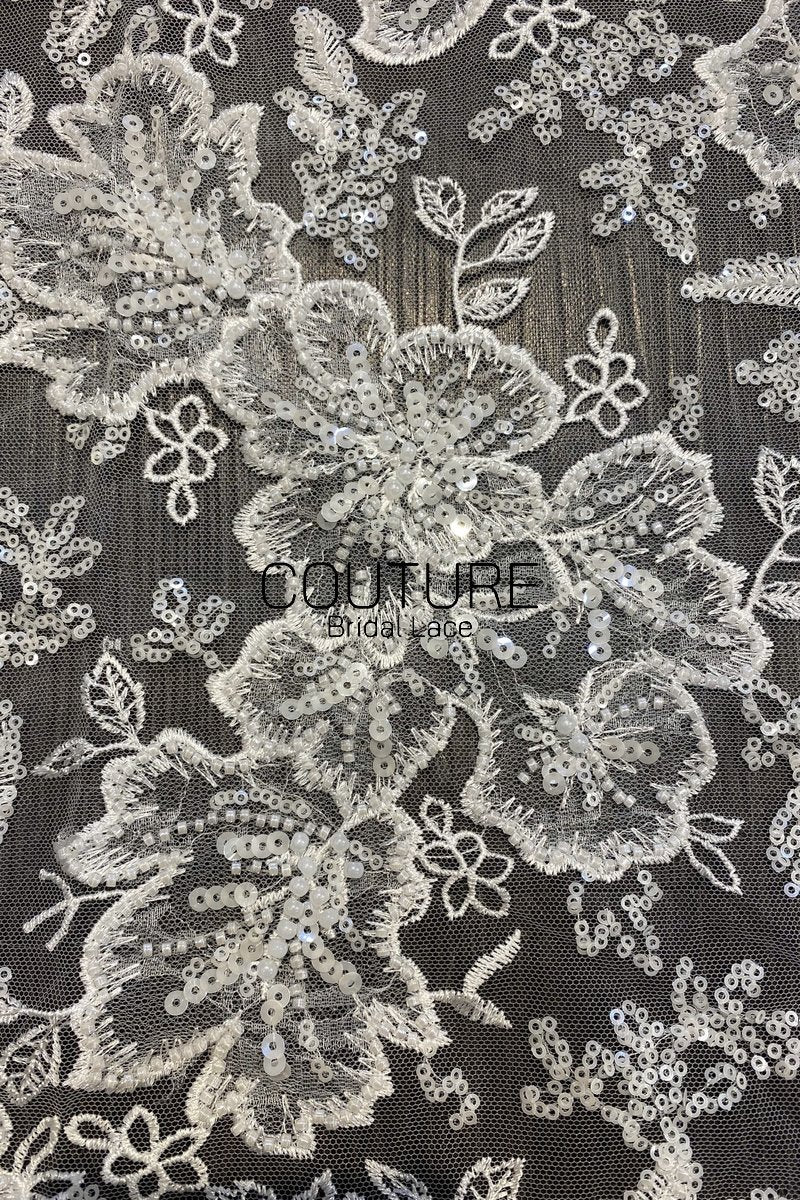 Beadings Lace: Ivory Ornate Floral Scrollwork with Scalloped Beaded Floral Edge Detail, 3 Meters