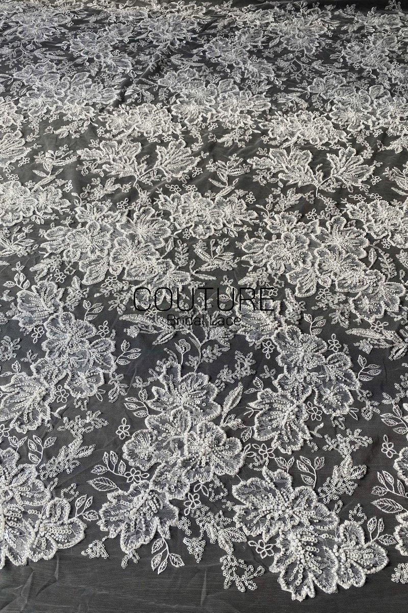 Beadings Lace: Ivory Ornate Floral Scrollwork with Scalloped Beaded Floral Edge Detail, 3 Meters