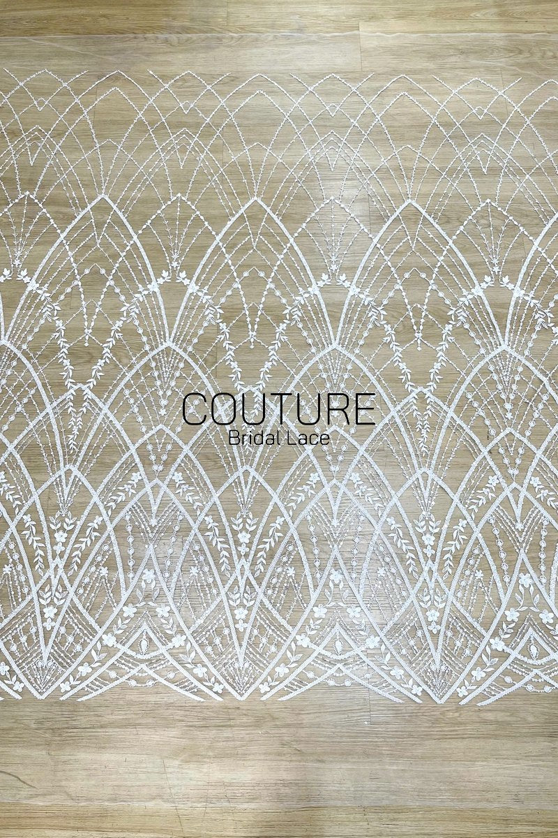 Beadings Lace: White Geometric Diamond Floral Lattice with Ornate Scalloped Floral Border Edge, 3 Meters