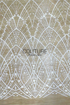 Beadings Lace: White Geometric Diamond Floral Lattice with Ornate Scalloped Floral Border Edge, 3 Meters