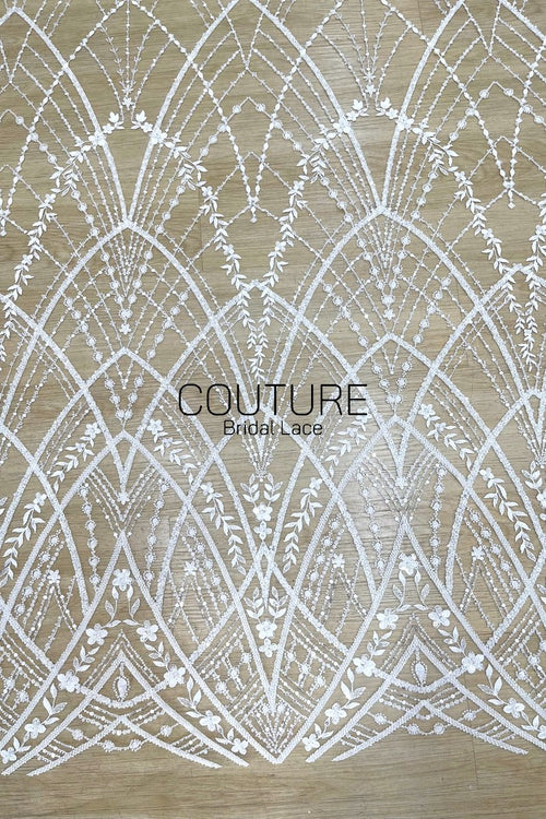 Beadings Lace: White Geometric Diamond Floral Lattice with Ornate Scalloped Floral Border Edge, 3 Meters