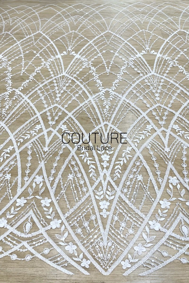Beadings Lace: White Geometric Diamond Floral Lattice with Ornate Scalloped Floral Border Edge, 3 Meters