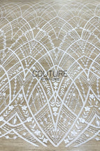 Beadings Lace: White Geometric Diamond Floral Lattice with Ornate Scalloped Floral Border Edge, 3 Meters