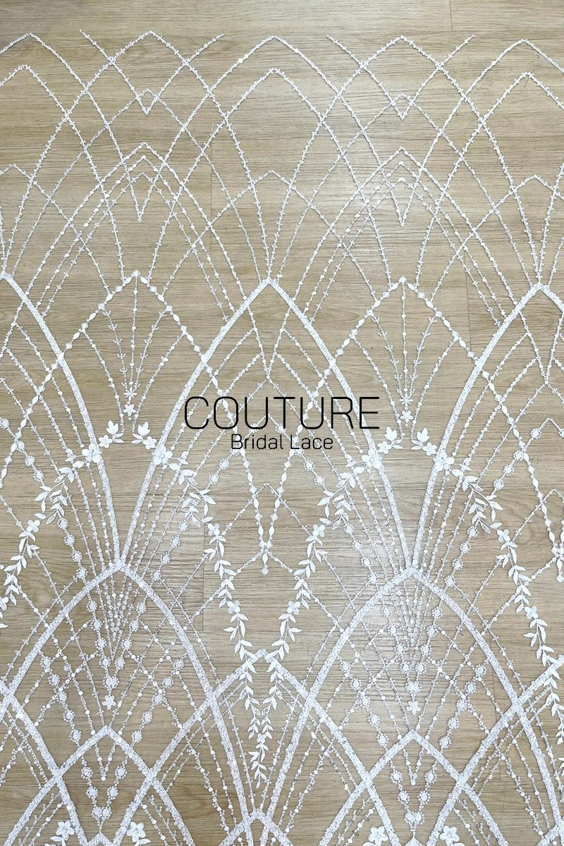 Beadings Lace: White Geometric Diamond Floral Lattice with Ornate Scalloped Floral Border Edge, 3 Meters