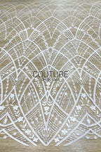 Beadings Lace: White Geometric Diamond Floral Lattice with Ornate Scalloped Floral Border Edge, 3 Meters