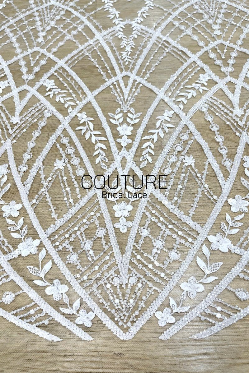 Beadings Lace: White Geometric Diamond Floral Lattice with Ornate Scalloped Floral Border Edge, 3 Meters