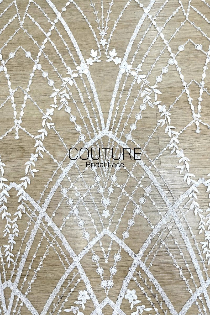 Beadings Lace: White Geometric Diamond Floral Lattice with Ornate Scalloped Floral Border Edge, 3 Meters