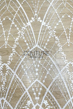 Beadings Lace: White Geometric Diamond Floral Lattice with Ornate Scalloped Floral Border Edge, 3 Meters
