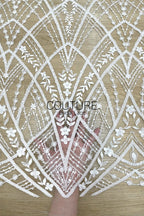 Beadings Lace: White Geometric Diamond Floral Lattice with Ornate Scalloped Floral Border Edge, 3 Meters