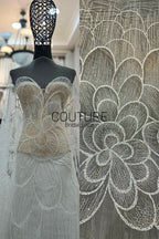Floral Lace: Ivory Oversized Dahlia Medallion with Pearl and Seed Bead Allover Pattern, 3 Meters