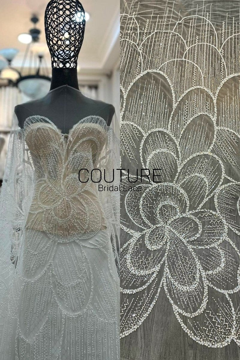 Floral Lace: Ivory Oversized Dahlia Medallion with Pearl and Seed Bead Allover Pattern, 3 Meters