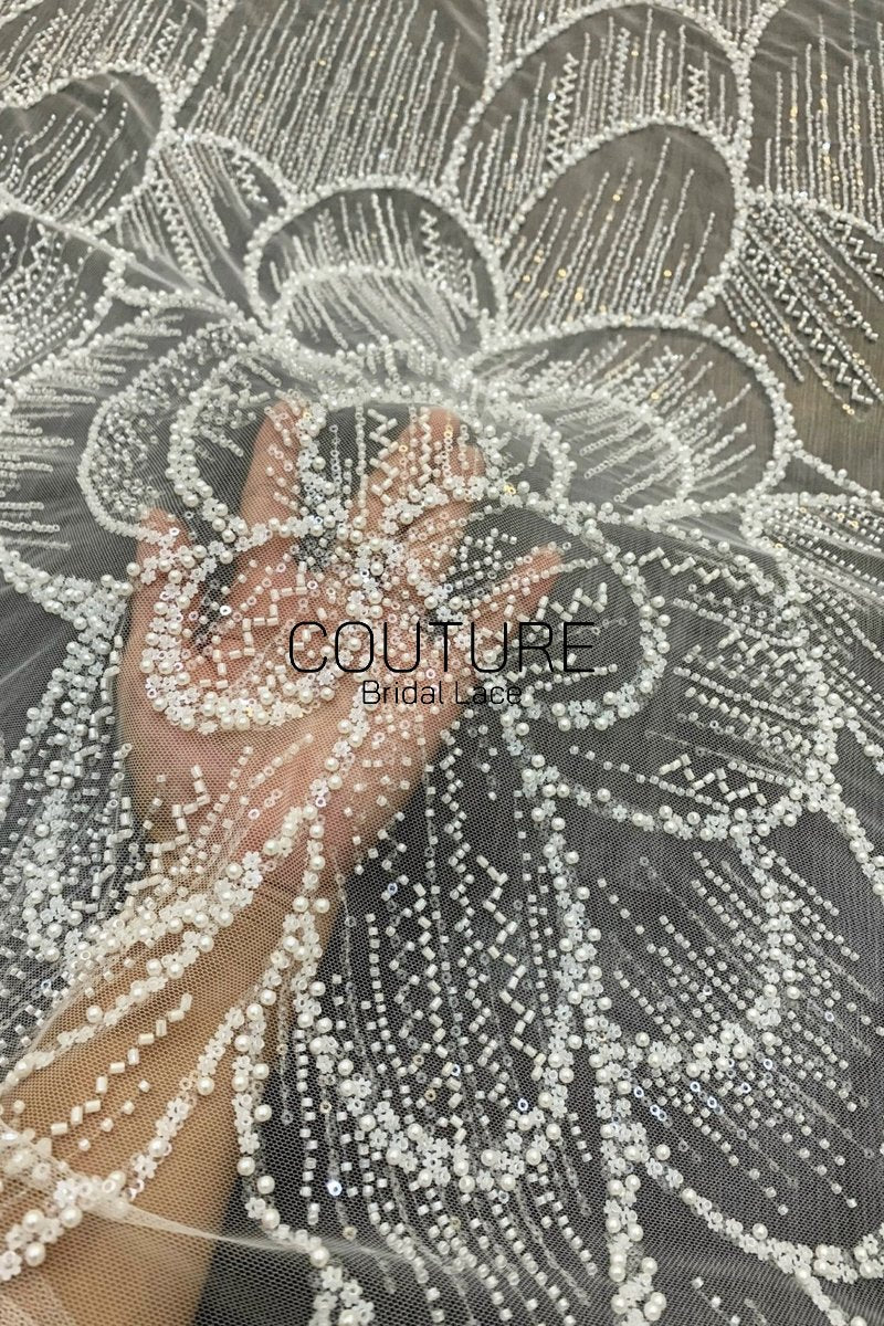 Floral Lace: Ivory Oversized Dahlia Medallion with Pearl and Seed Bead Allover Pattern, 3 Meters
