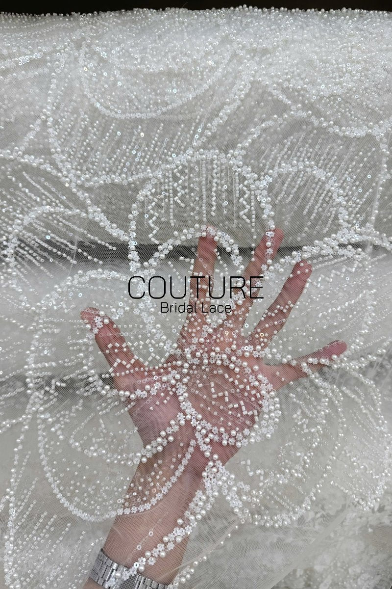 Floral Lace: Ivory Oversized Dahlia Medallion with Pearl and Seed Bead Allover Pattern, 3 Meters