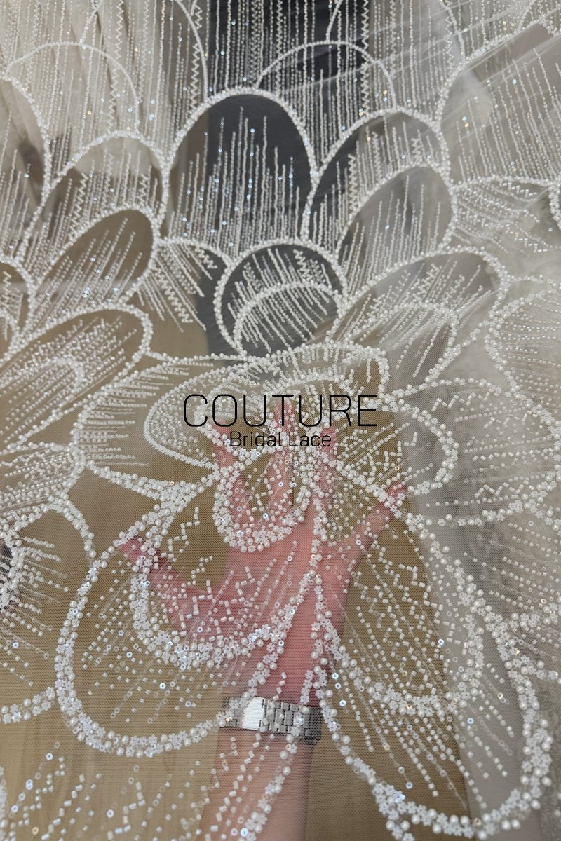 Floral Lace: Ivory Oversized Dahlia Medallion with Pearl and Seed Bead Allover Pattern, 3 Meters