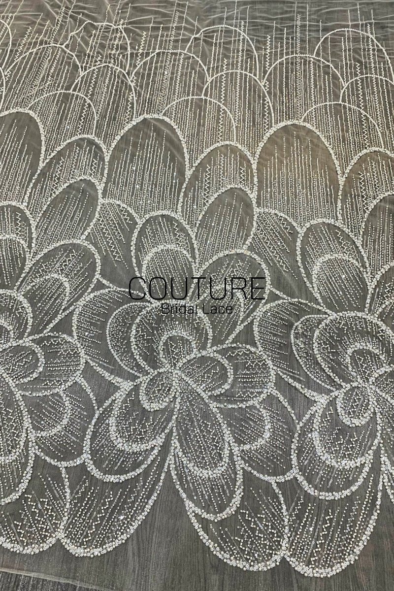 Floral Lace: Ivory Oversized Dahlia Medallion with Pearl and Seed Bead Allover Pattern, 3 Meters