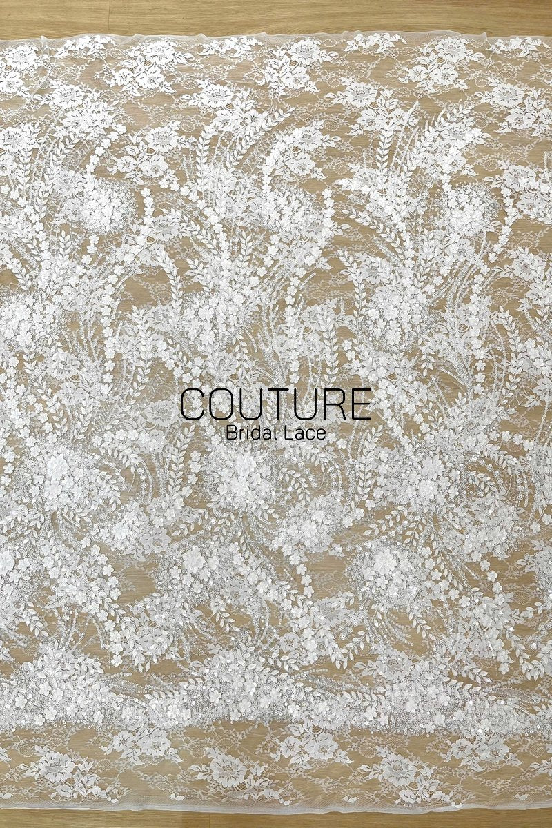 Beadings Lace: Ivory White Botanical Floral Vine with Densely Beaded Scalloped Floral Edge, 3 Meters
