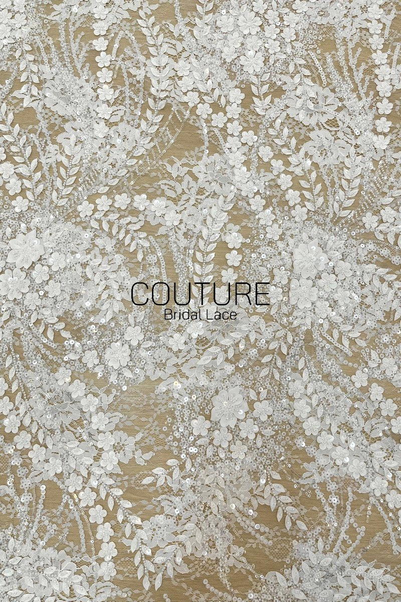 Beadings Lace: Ivory White Botanical Floral Vine with Densely Beaded Scalloped Floral Edge, 3 Meters