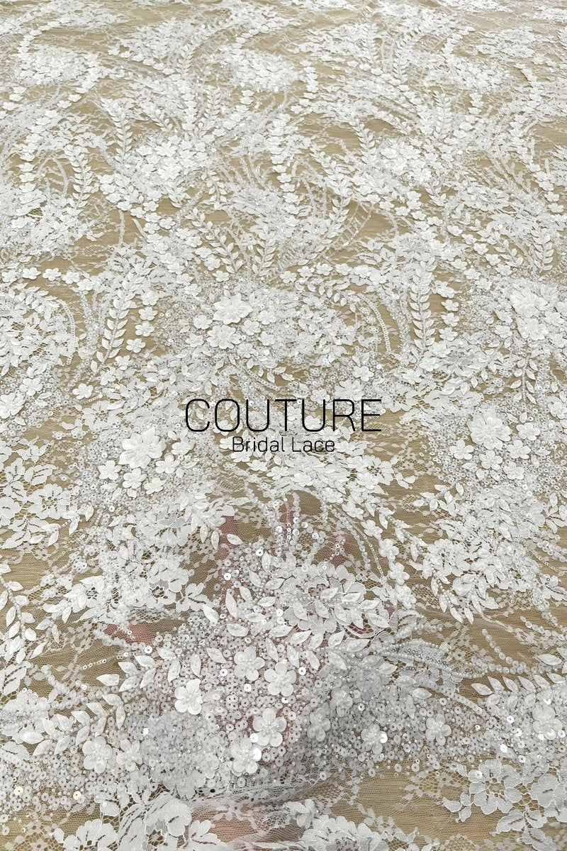 Beadings Lace: Ivory White Botanical Floral Vine with Densely Beaded Scalloped Floral Edge, 3 Meters