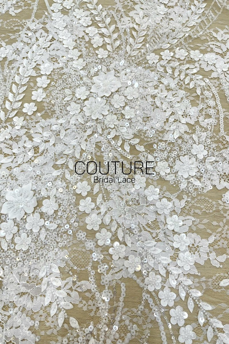 Beadings Lace: Ivory White Botanical Floral Vine with Densely Beaded Scalloped Floral Edge, 3 Meters