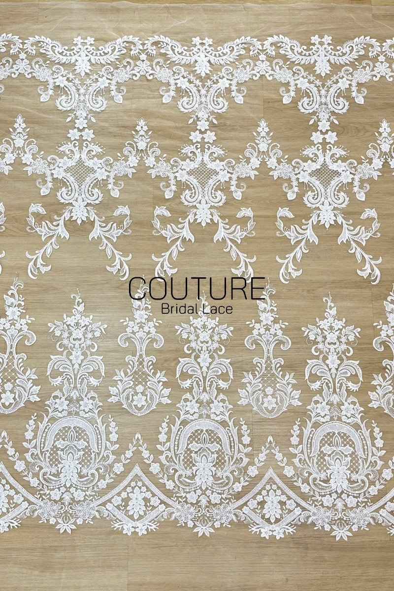 Beadings Lace: Ivory Ornate Damask Floral Scrollwork with Scalloped Medallion Frame Border Edge, 3 Meters