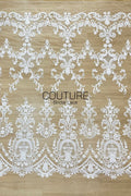 Beadings Lace: Ivory Ornate Damask Floral Scrollwork with Scalloped Medallion Frame Border Edge, 3 Meters