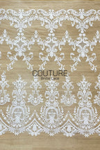 Beadings Lace: Ivory Ornate Damask Floral Scrollwork with Scalloped Medallion Frame Border Edge, 3 Meters