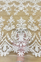 Beadings Lace: Ivory Ornate Damask Floral Scrollwork with Scalloped Medallion Frame Border Edge, 3 Meters