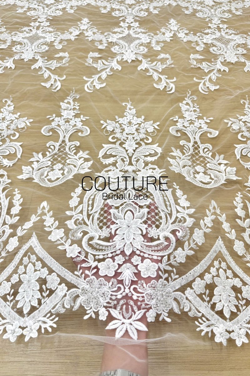 Beadings Lace: Ivory Ornate Damask Floral Scrollwork with Scalloped Medallion Frame Border Edge, 3 Meters