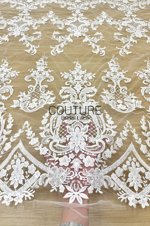 Beadings Lace: Ivory Ornate Damask Floral Scrollwork with Scalloped Medallion Frame Border Edge, 3 Meters