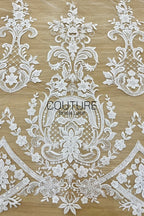 Beadings Lace: Ivory Ornate Damask Floral Scrollwork with Scalloped Medallion Frame Border Edge, 3 Meters
