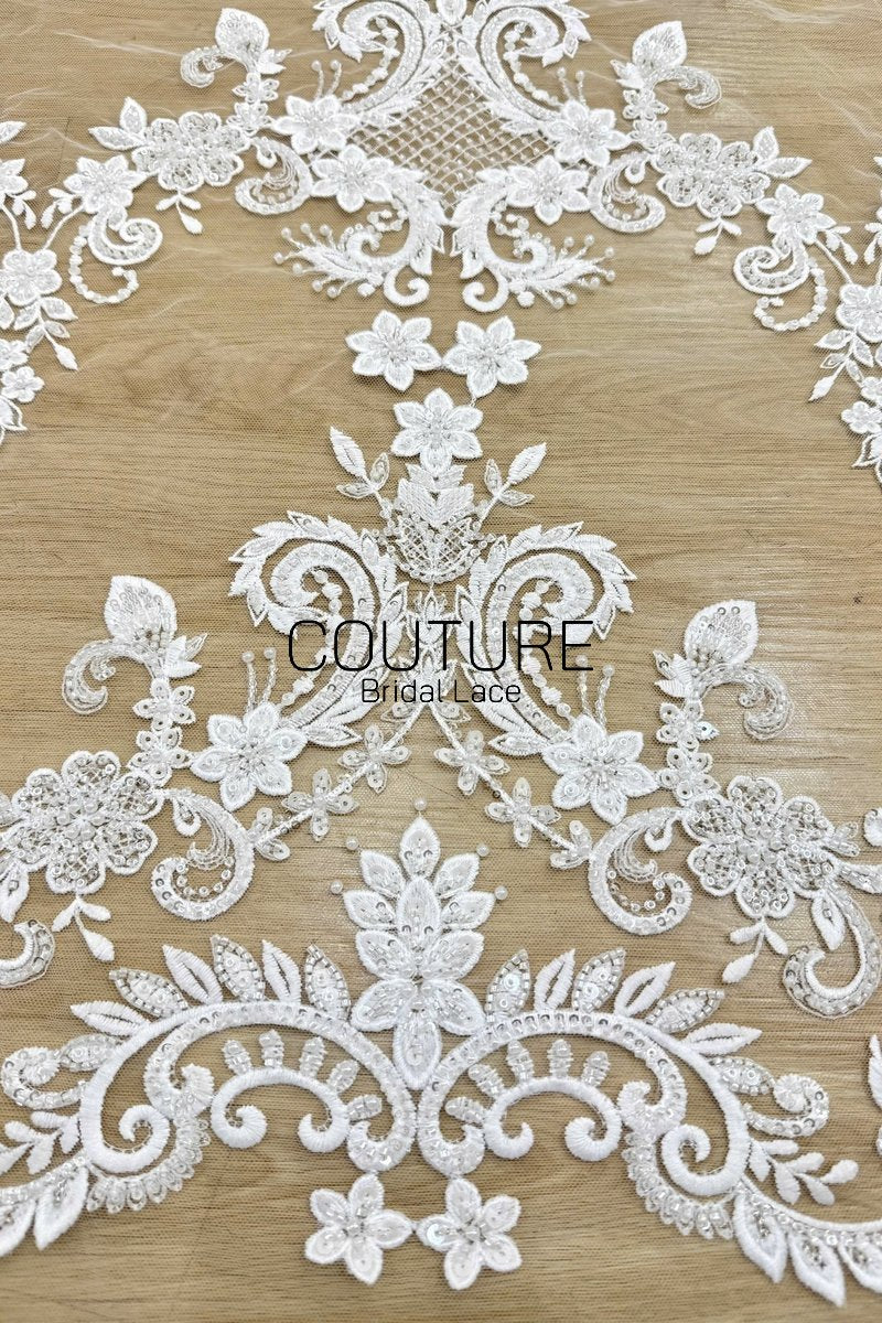 Beadings Lace: Ivory Ornate Damask Floral Scrollwork with Scalloped Medallion Frame Border Edge, 3 Meters