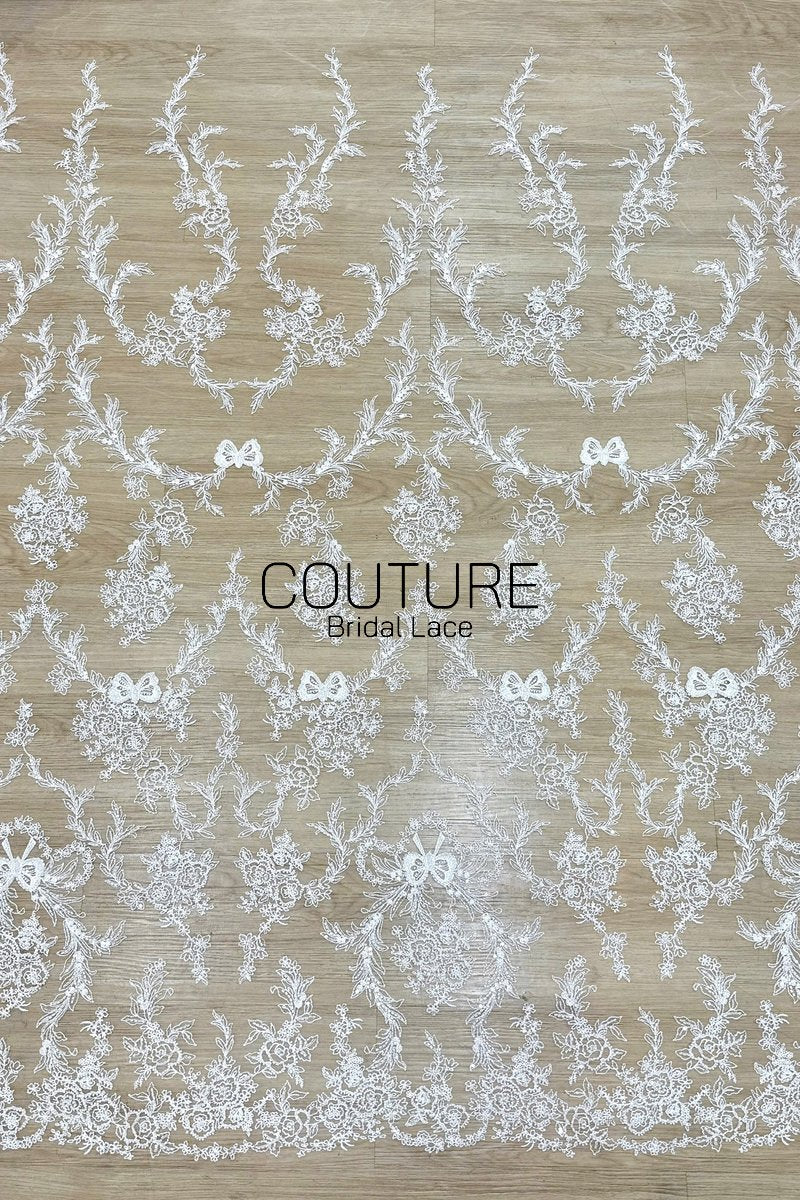 Beadings Lace: White Ornate Floral Medallion with Delicate Scalloped Floral Border Edge, 3 Meters