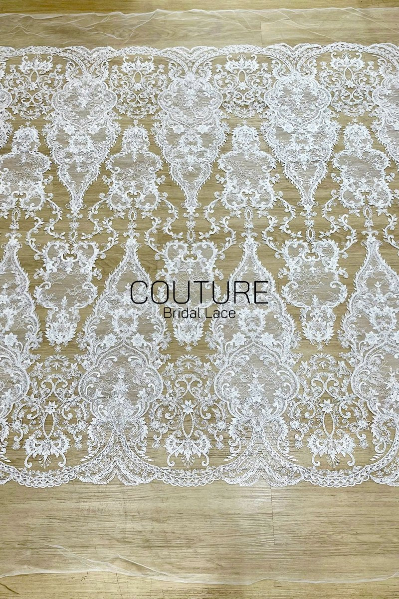 Beadings Lace: Ivory Ornate Baroque Floral Scrollwork with Densely Beaded Scalloped Floral Edge, 3 Meters