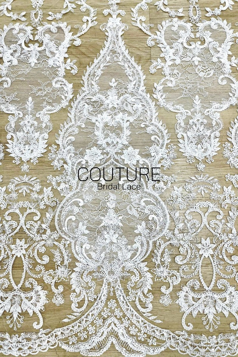 Beadings Lace: Ivory Ornate Baroque Floral Scrollwork with Densely Beaded Scalloped Floral Edge, 3 Meters